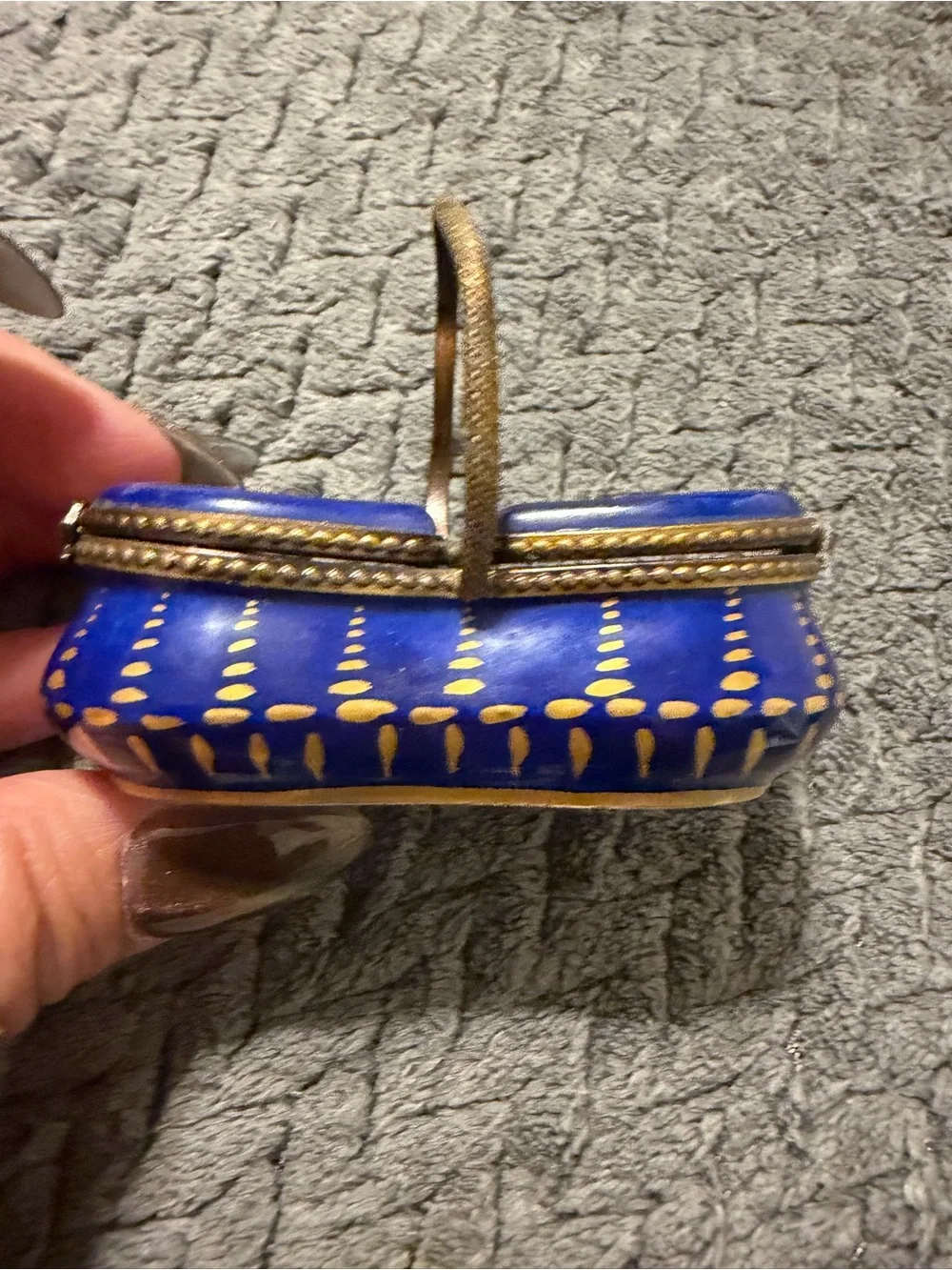 Limoges Blue Enamel Basket Cosmetic Box with Gold Accents